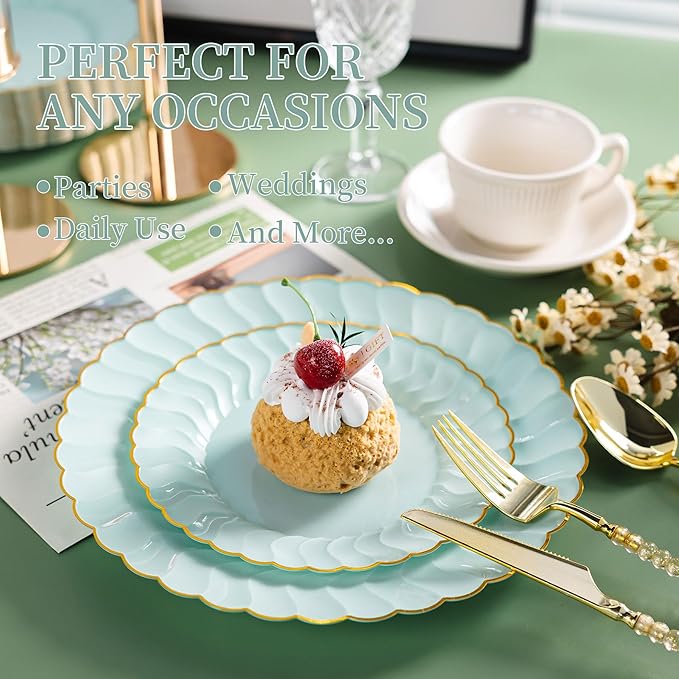 Lullaby 60PCS Sage Green Scalloped Plastic Plates with Gold Rim, Includes 30PCS Dinner Plate 10.25'' and 30 PCS Dessert Plate 7.5'', Green Disposable Plates for Party, Birthdays, Wedding and Daily Use