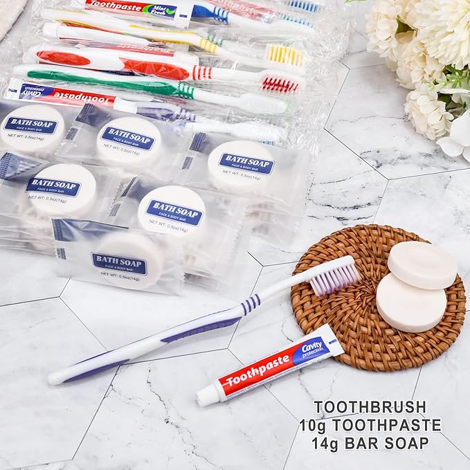 10 Set Disposable Toothbrushes with Toothpaste and Soap Individually Wrapped, 10 pcs Toothbrushes, 5 Colors with 10pcs Bar Soap(0.5 oz)