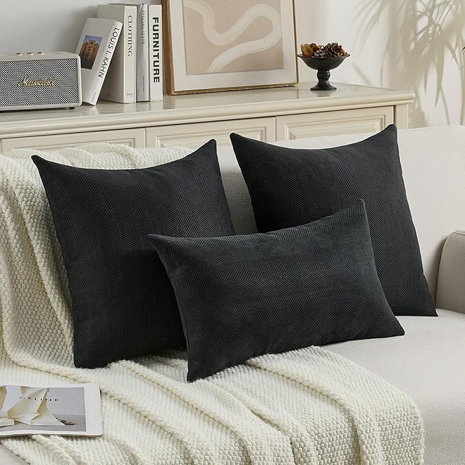 FUTEI Black Chenille Throw Pillow Covers 20x20 Inch Set of 2,Soft Wide Chevron Textured Cushion Case,Farmhouse Home Decor for Couch Bed Living Room