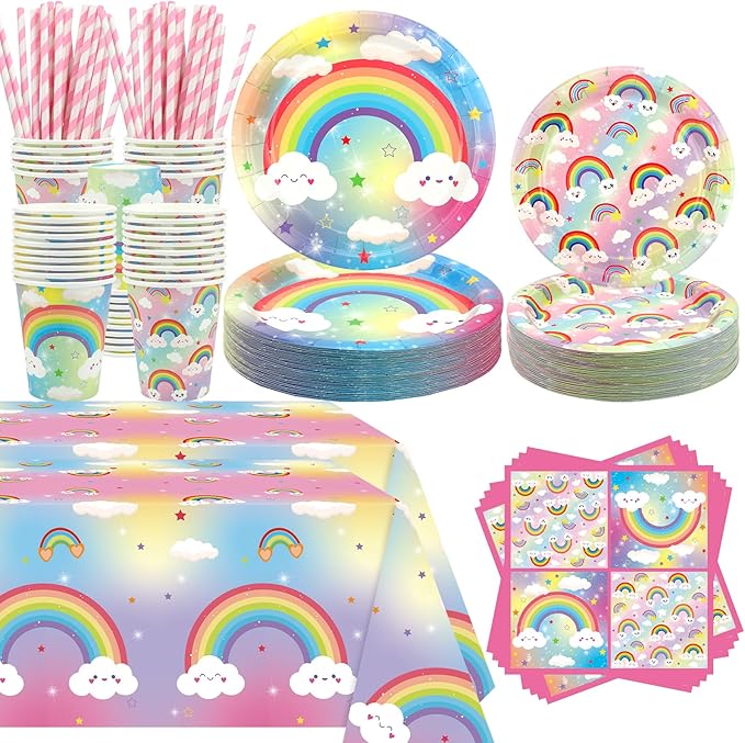Rainbow Party Decoration - Rainbow Birthday Party Tableware Supplies Includes Plates, Cups, Napkins, Tablecloth, Straws (40)