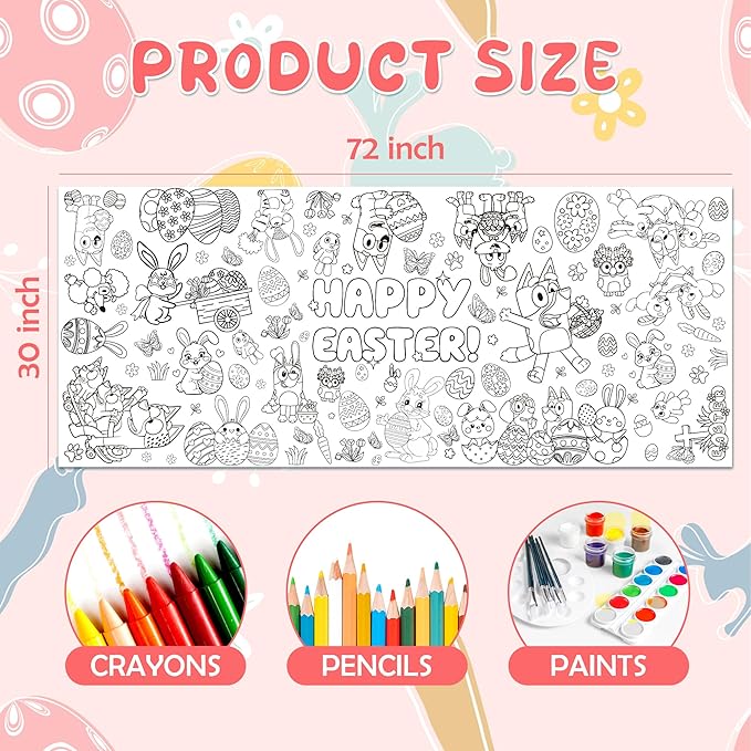 Easter Giant Coloring Tablecloth,Easter Crafts for Kids - 72x30 Inches, Paper Coloring Banner Games Activities Gifts Party Decorations
