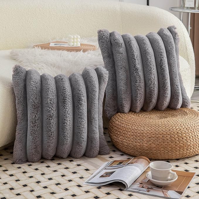 Neelvin Grey Faux Fur Cozy Soft Striped Decorative Throw Pillow Covers 20x20 inch Set of 2,Velvet Pillowcase Cushion Case for Sofa Couch