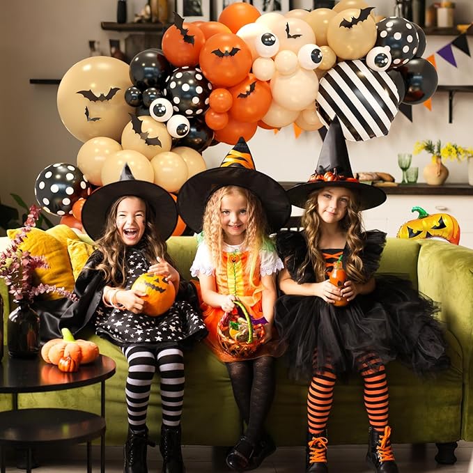 Orange Halloween Balloon Arch Garland, Orange Sand White Party Balloons with Ghost 18-In Strip Foil Balloon Eyeball Balloons Apricot Black Dot Latex Balloon Bat Sticker for Halloween Party Supplies