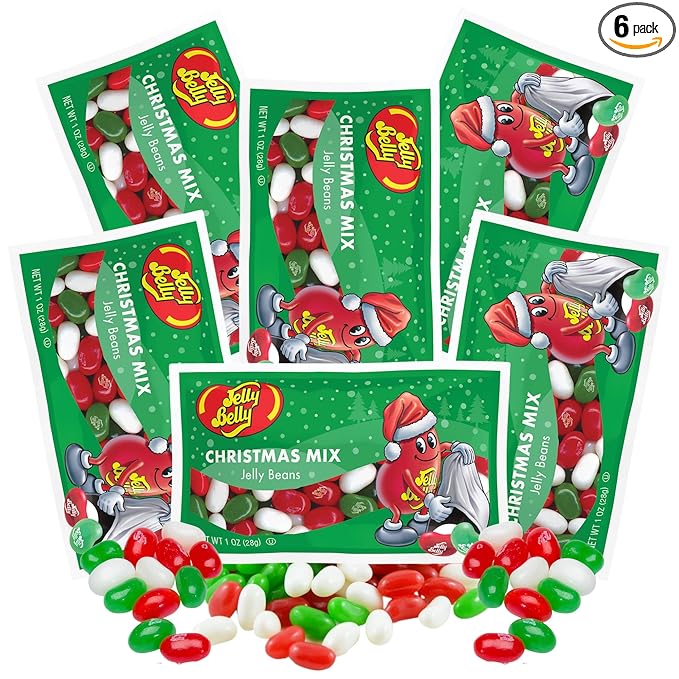 Needzo Christmas Mix 2025 Individual Packets of Jelly Beans, Very Cherry, Green Apple, and Coconut Flavored Candies, Stocking Stuffers, Pack of 6