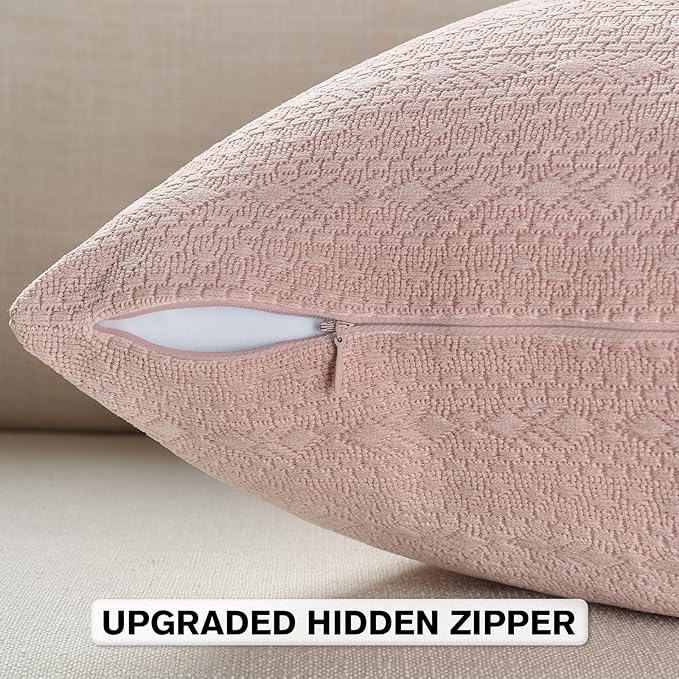FUTEI Pink Chenille Throw Pillow Covers 20x20 Inch Set of 2,Soft Striped & Diamond Textured Cushion Cases,Modern Home Decor for Couch Living Room