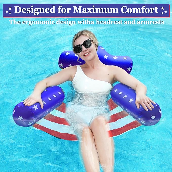 2 Pack 4th of July Inflatable Pool Floats Chair, 250th Anniversary American Flag Adjustable Pool Chair Lounger for Adults Heavy Duty, Blow Up Floating Swimming Water Chairs for Party Summer Lake Fun