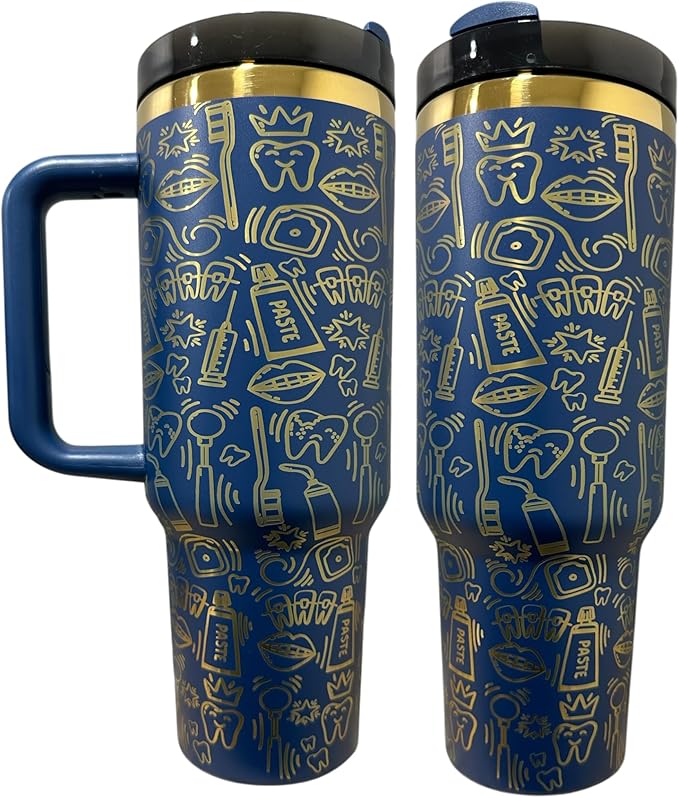 Dental hyginiest tumbler 40oz tumbler Tooth tumbler Dental water bottle Gift for dentist Gift for dental hyginiest Office gift (Navy/Gold(25)-Dental(K))