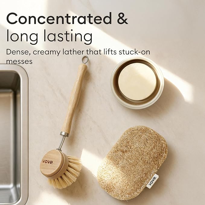 Vove Cleaning Duo, Bamboo Dish Brush Set and Natural Dish Sponges, FSC-Certified Bamboo, Sisal, Loofah, Cellulose, Plastic-Free, Eco-Friendly Zero-Waste Kitchen Dish Scrubber Set