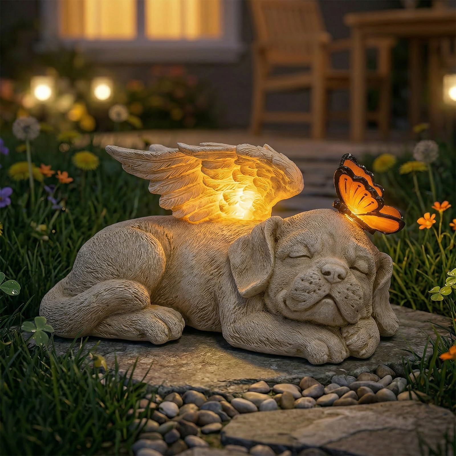 Sleeping Dog Angel Statue with Solar Light, Dog Memorial Garden Statue