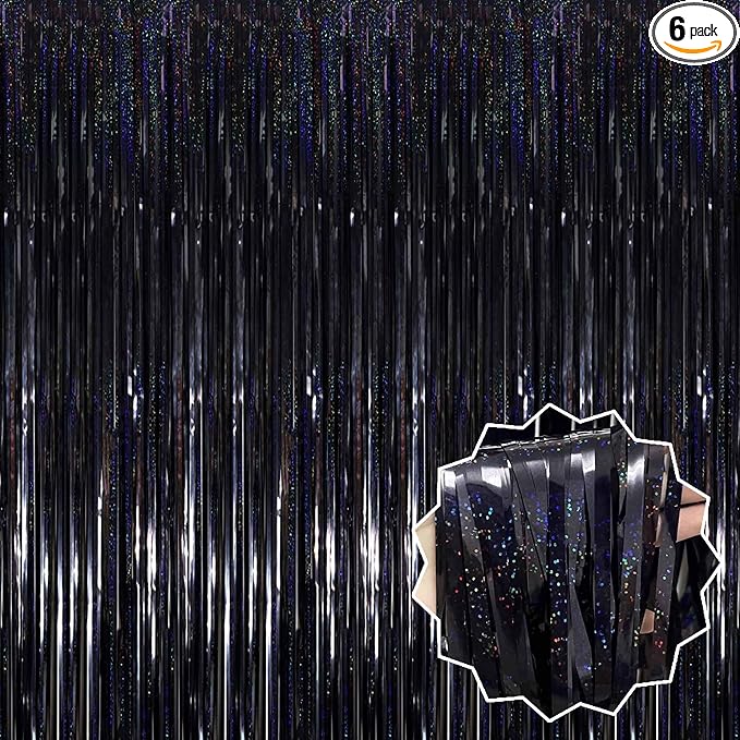 6 Pack Black Foil Fringe Curtains Backdrop, 3.28 x 8.2 Ft Metallic Streamers Tinsel Curtains Background for Photo Booth, Birthday, Halloween, Christmas, New Year Party Decorations