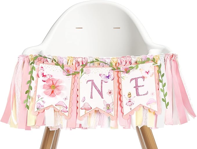 Highchair Banner 1st Birthday Girl Floral and Butterfly Fairy Theme First Birthday Party Decoration for Photo Background