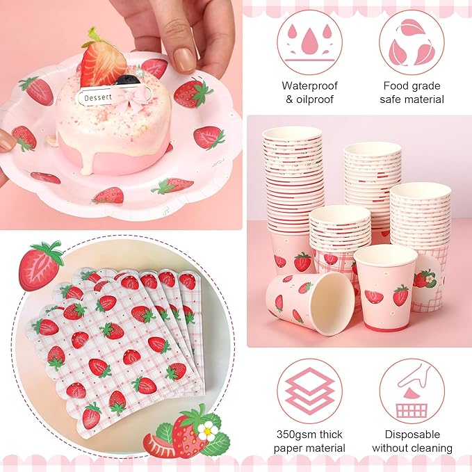 Yungyan 216 Pcs 72 Guest Strawberry Party Paper Plates and Napkins Strawberry Decoration Disposable 6" Scalloped Dessert Plates 9 oz Cup Tableware Set for Baby Shower Berry First Birthday Supplies