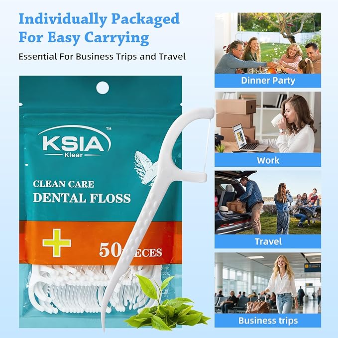 KSIA Klear Dental Floss Picks, 500 Count Tooth Picks Flossers, Dental Floss Cleaner, Dental Flossers for Family, Keep Teeth Clean, Remove Food and Plaque, with 10 Portable Sealed Pouches