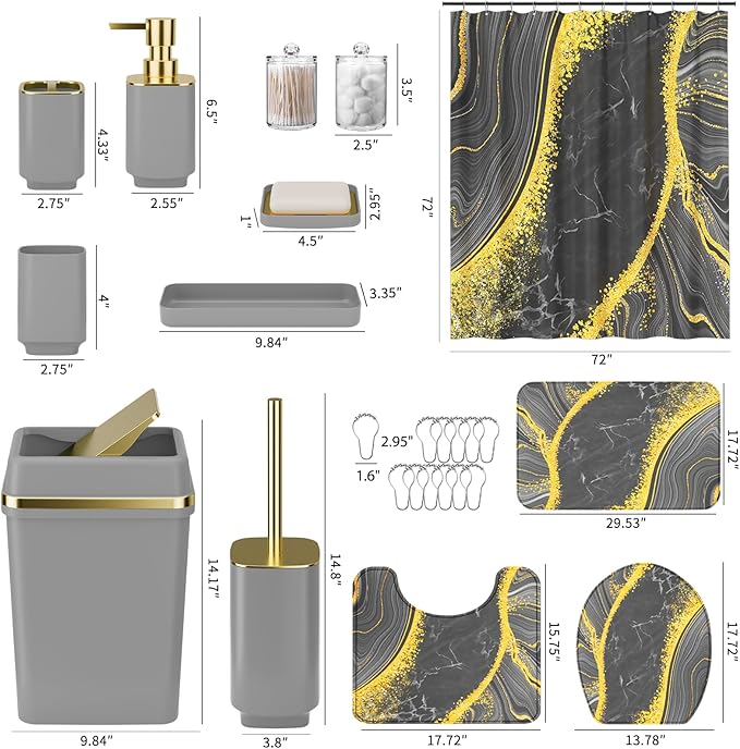 25PCS Bathroom Accessory Set, Beige Bathroom Set with Large-Capacity 4 Gallon Trash Can,Bathroom Rugs Set, Waterproof Shower Curtain, Toilet Brush, Toothbrush Holder & Soap Dispenser
