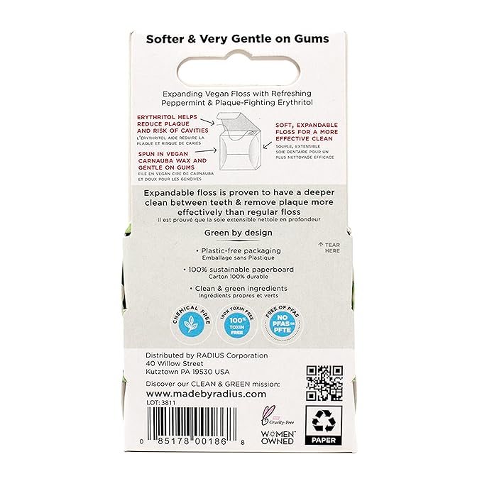 Radius Dental Floss, Sponge Floss, Vanilla Mint, 55 Yards, Vegan & Non-Toxic Oral Care Designed to Help Fight Plaque, Pack of 2