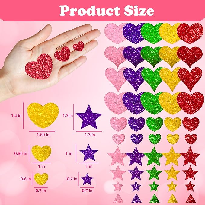 Stickers for Kids - 280 PCS Glitter Foam Reward Stickers for Kids Classroom | Self Adhesive Stars Mini Heart Shapes Glitter Stickers for Teachers Students - Arts Craft Scrapbook Supplies Party Favors