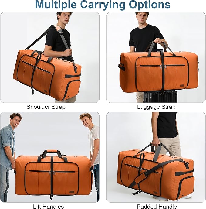 100L Travel Duffle Bag for Men, Urtala 32” Large Duffle Bag for Traveling with Shoe Compartment, Foldable Travel Duffel Bag for Men Women Waterproof & Tear Resistant (Orange, EXTRA LARGE, 100L)