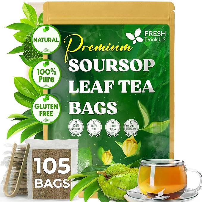 FreshDrinkUS, 105 Premium Soursop Graviola Leaf Tea Bags, The Finest Soursop Tea, 100% Natural and Pure, Handmade, Made With Natural Materials-Corn Fiber Tea Bag, Sugar/ Caffeine/ Gluten Free, Hoja Guanabana Tea