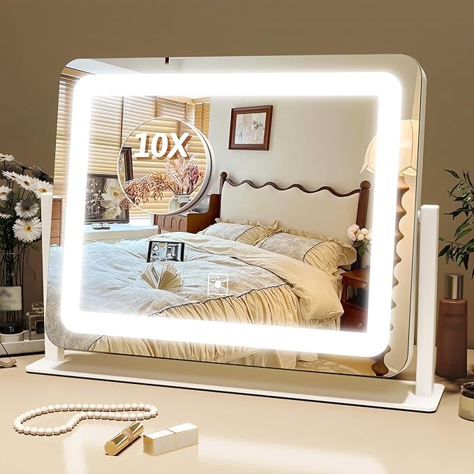 FENNIO Vanity Mirror with Lights, 12" x 16" Lighted Makeup Mirror with Smart Touch Control, 3 Color Modes & Brightness Adjustable, LED Makeup Mirror with 10X Magnification, 360° Rotation for Bedroom