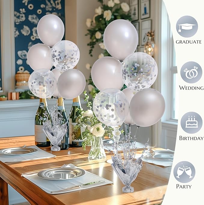 2 Set Silver Balloon Centerpieces for Tables Silver Balloons Stand Kit for Birthday Party Baby Shower Wedding Bridal Shower Retirement Engagement Graduation Prom Table Decorations