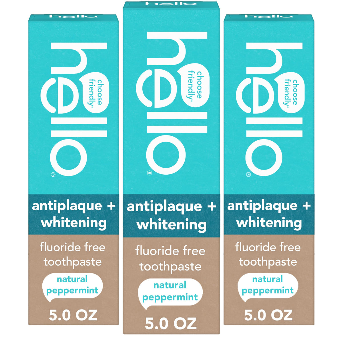 Hello Antiplaque and Whitening Fluoride Free Toothpaste, 5 Oz Tube, Whitening Toothpaste with Natural Peppermint Flavor and Tea Tree Oil, Crushes Tartar and Helps Remove Surface Stains, 3 Pack