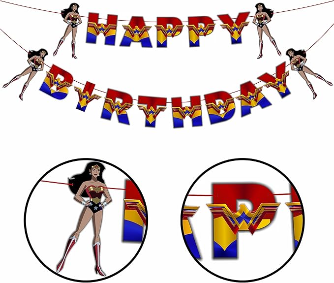 "Wondr Woman Happy Birthday Banner – Superhero Theme Party Decorations for Girls – Colorful Hanging Birthday Banner for Birthday,Comic Fan Celebrations, School Events & Party Supplies"