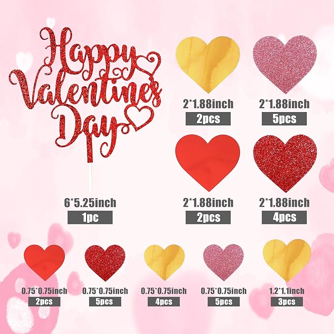 DRWATE 33pcs Happy Valentine's Day Cake Toppers with Red Heart Decorations for Valentine's Day Party Supplies (Red)
