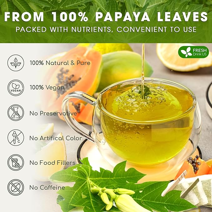 FreshDrinkUS, Premium 75 Papaya Leaf Tea Bags, 100% Natural & Pure from Papaya Leaves. Loose Leaf Herbal Tea. Made with Natural Material Tea Bags. No Sugar, No Caffeine, No Gluten, Vegan.