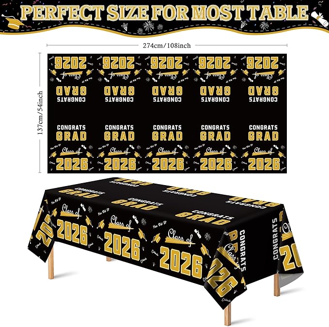 OHOME Graduation Decorations 2026-2026 Graduation Party Decorations - Disposable Plastic Black and Gold Tablecloth for Class of 2026 Decorations Party Favors Banner,54" X 108",2 Pack