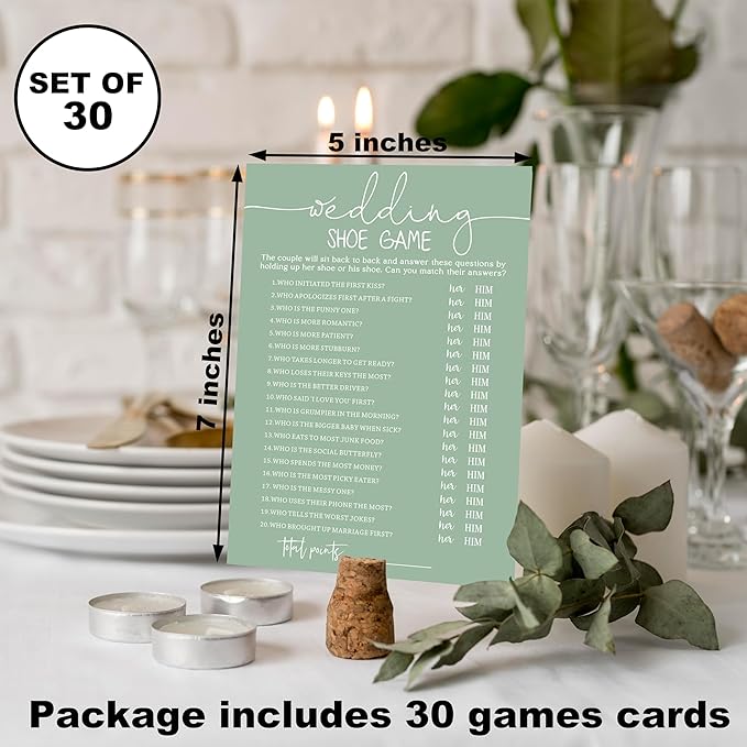 Wedding Shoe Game Cards, Sea Green Bridal Shower Games, 30 Elegant Wedding Game for Bachelorette Engagement Party Supplies Favors - A06