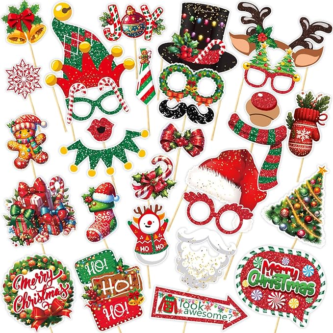 30PCS Christmas Photo Booth Props (Upgraded Version), Merry Christmas Party Pose Sign, Red and Green Xmas Theme Party Supplies Decorations for Winter Holidays