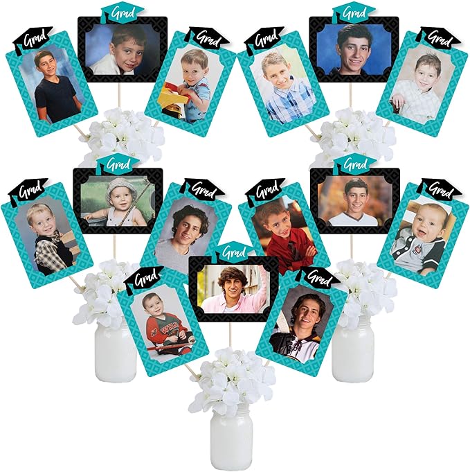 Big Dot of Happiness Teal Graduation Photo Display Centerpiece Kit - 15 Double-Sided Photo Table Topper Sticks, Vertical and Horizontal 4x6 Picture Holders, DIY Party Decoration Set