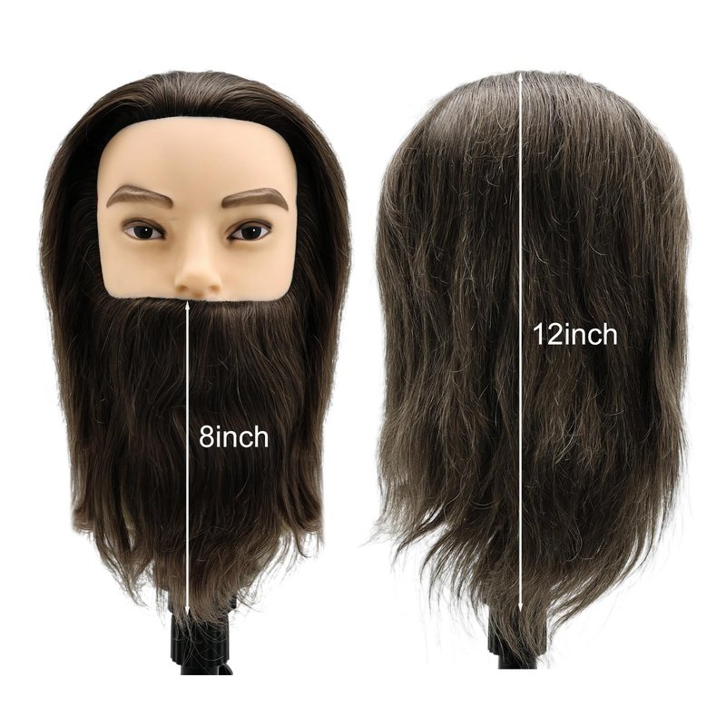 Yekavo Male Mannequin Head, Barber Mannequin Head Male 100% Human Hair With Beard, Professional Training Head with Real Hair for Practicing Hair Cutting & Styling, Black