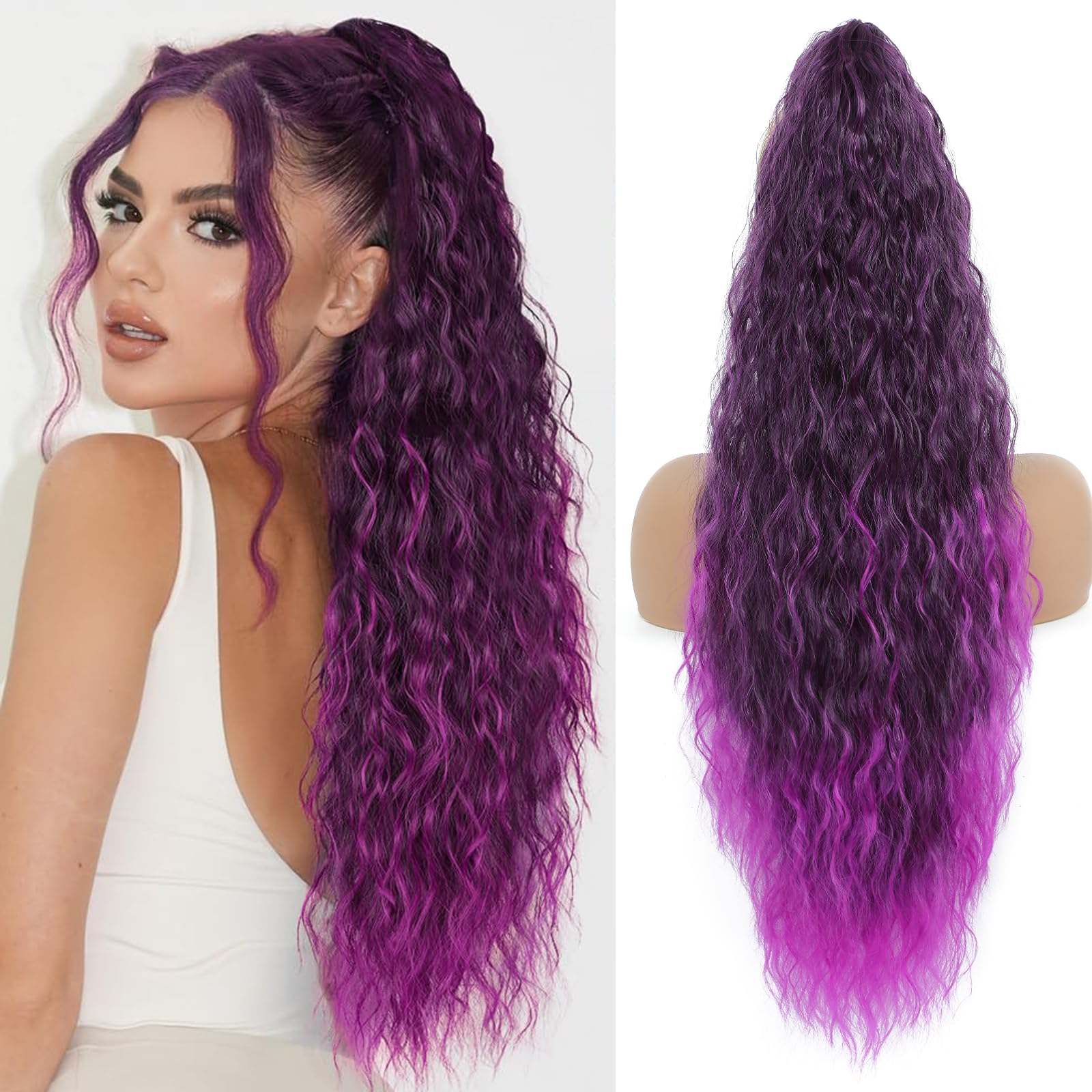 Claw Clip in Ponytail Extension 30 Inch Long Wave Curly Pony Tail Hair Extensions for Women fluffy Natural Looking Synthetic Hairpiece for Daily Use(Ombre Purple, 30Inch)