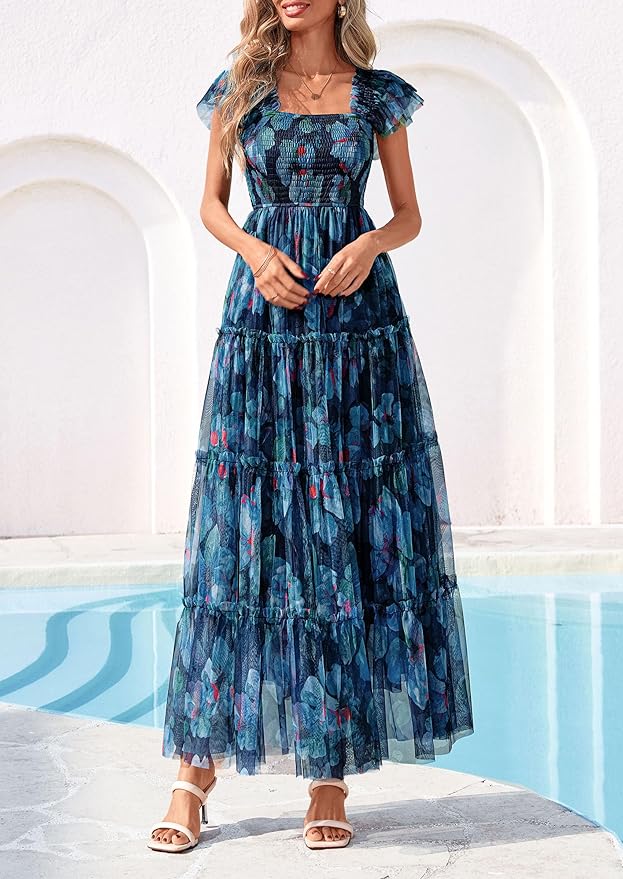 PRETTYGARDEN Women's Summer Tulle Midi Dress Sleeveless Smocked Ruffle Flowy Mesh Dresses Party Wedding Guest Sundress