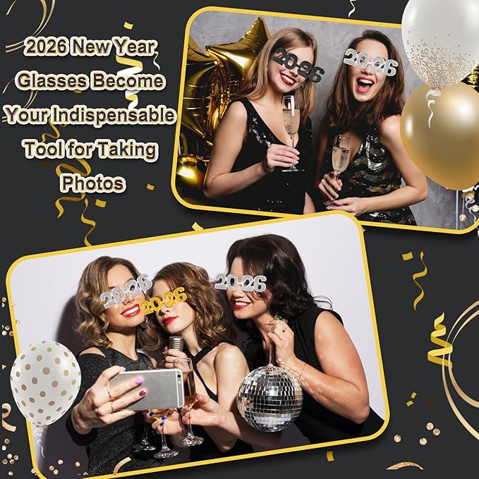 2026 Plastic Glasses Happy New Year Glitter Eyeglasses for 2026 Party New Year Eve Costume Photo Prop Supplies
