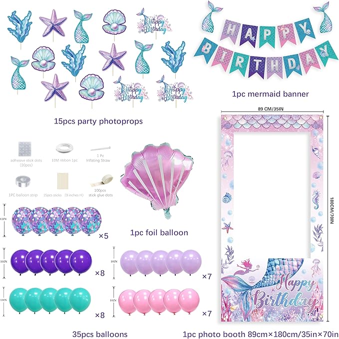 Mermaid Birthday Decorations for Women,Happy Birthday Banner, 35 Balloons,Photo Booth Props for Kids Girls
