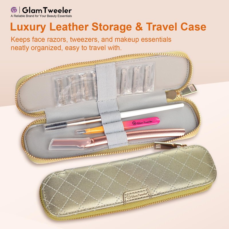 Women's Dermaplane Face & Eyebrow Razor Kit with GlamTweeler Slant Tweezers, Spoolie Brush, and Luxury Leather Storage & Travel Case + 10 Refill Blades (Rose Gold)