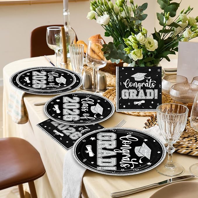 Graduation Plates and Napkins 2026,Black and Silver Graduation Decorations 200pcs Graduation Paper Plates and Napkins Graduation Party Supplies for Graduation Party Decorations,Serve 50