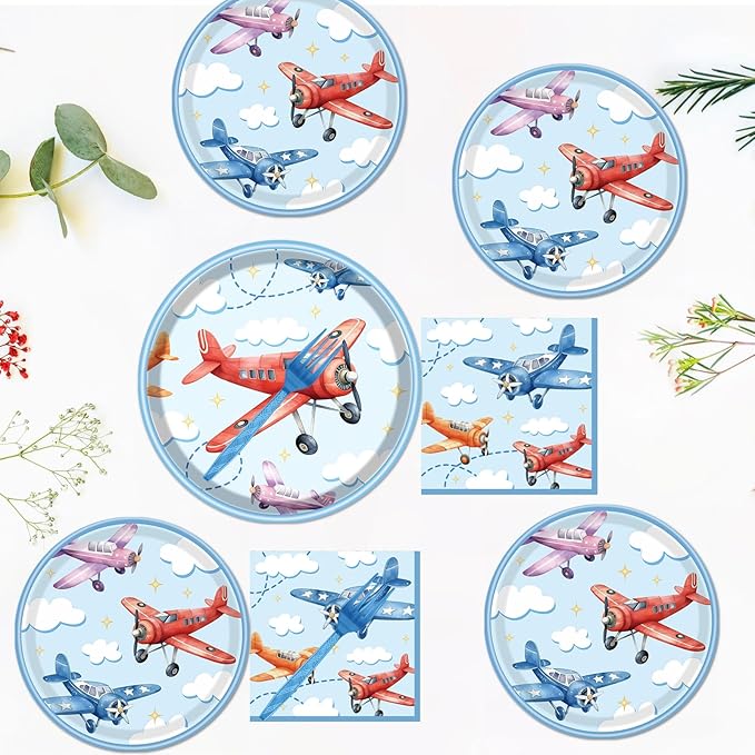 Rakuto Airplane Birthday Tableware Party Decorations, 96PCS Airplane Party Plates Napkins and Forks Supplies, Disposable Cartoon Airplane Baby Shower Decor Serves 24