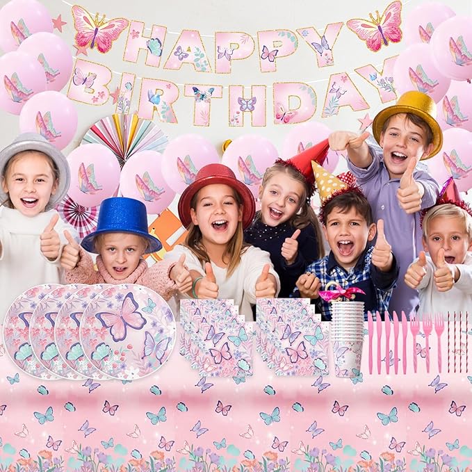 Pink Butterfly Birthday Party Supplies Tableware Sets,Includes Disposable Plates, Napkins, Cups,Straws,Cutlery, Balloons, Banner, and Tablecloth for Party Baby Shower Birthday Decorations,Serves 20