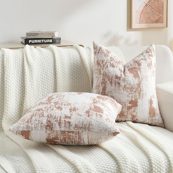 FUTEI Rust White Decorative Throw Pillow Covers 26x26 Inch Set of 2,Soft Faux Cashmere Jacquard - Textured & Cozy Euro Pillow Shams,Modern Home Decor for Couch Bed Living Room
