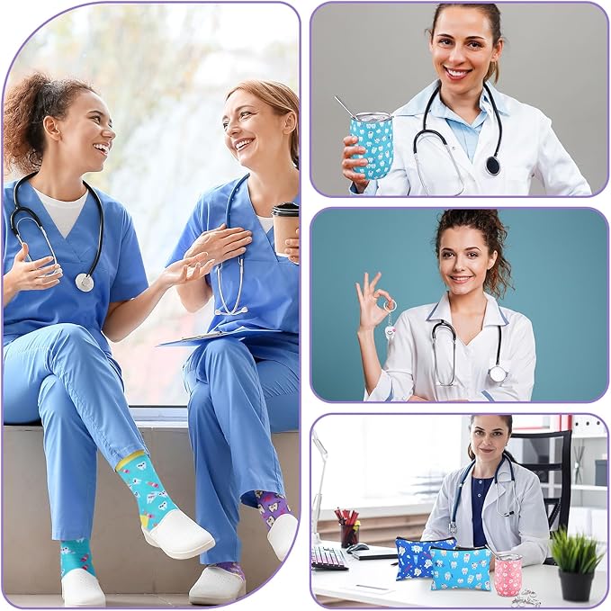 16 Pcs Dental Hygienist Gifts Bulk Include12 oz Teeth Stainless Steel Tumbler Cosmetic Bag Tooth Shape Keychain Tooth Socks Dental Assistant Gifts for Nurse Graduation Accessories