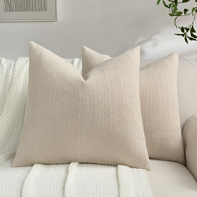 FUTEI Beige Chenille Throw Pillow Covers 24x24 Inch Set of 2,Soft Striped & Diamond Textured European Cushion Cases,Modern Home Decor for Couch Living Room