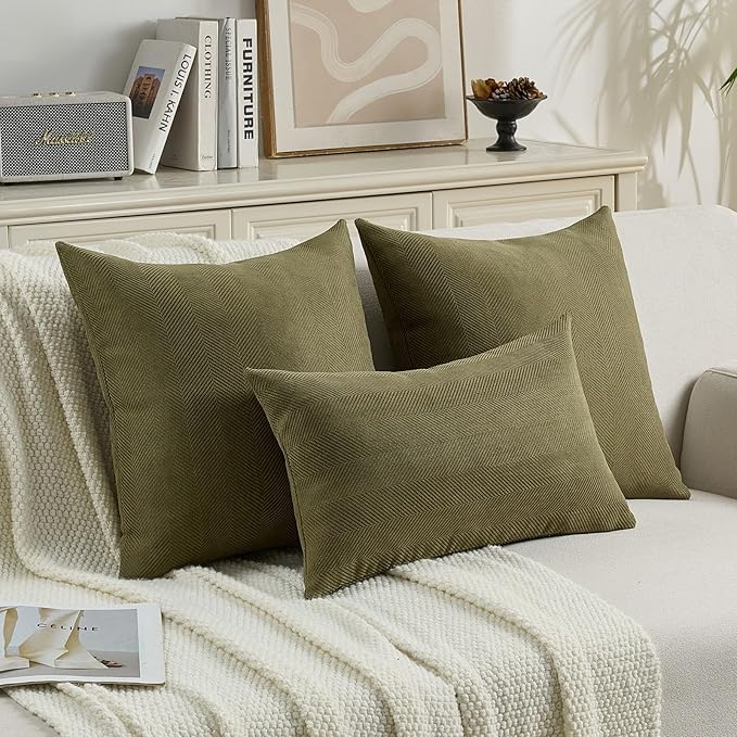 FUTEI Olive Green Chenille Throw Pillow Covers 22x22 Inch Set of 2,Soft Wide Chevron Textured Cushion Case,Farmhouse Home Decor for Couch Bed Living Room