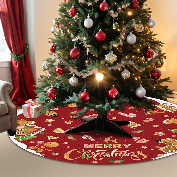 Capoda Red Christmas Tree Skirt Gingerbread Man Candy Christmas Tree Skirt 48 Inch Xmas Tree Mat Gingerbread Christmas Tree Skirts Mat for Holiday Christmas Party Decorations Indoor Outdoor