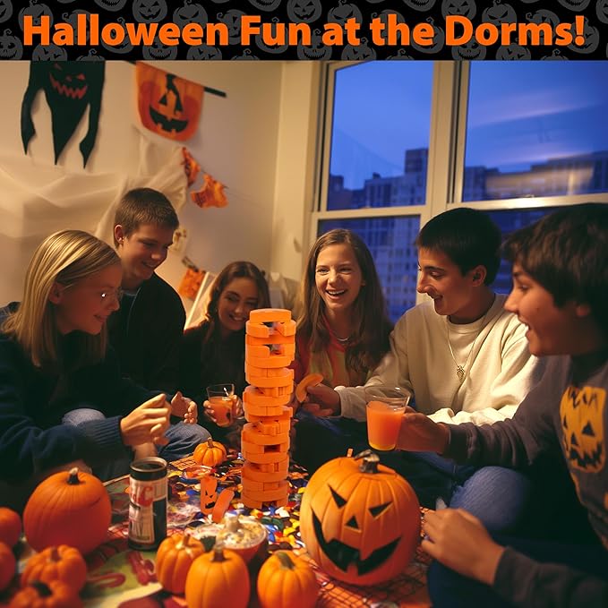 Funwares Stack 'O Lantern Pumpkin Stack-Up Wooden Blocks Stacking Game, Tumbling Tower, Family & Party Fun, Kids and Adults, Holiday Decoration, Ages 6+