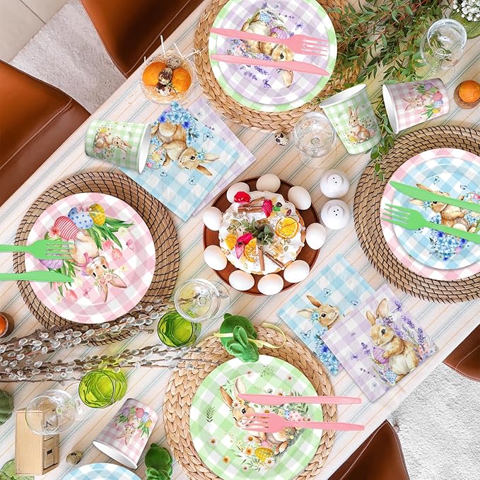 144Pcs Bunny Plates and Napkins - Colorful Gingham Spring Floral Rabbits Themed Dinnerware Set for Happy Easter Party Decorations