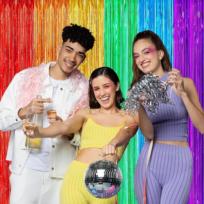 4Pack Rainbow Backdrop Curtains,13.2x8.3ft Colofull Party Decorations, Metallic Tinsel Backdrop Fringe Curtains Party Streamer, Rainbow Streamers Party for Wedding Birthday Engagement Decors