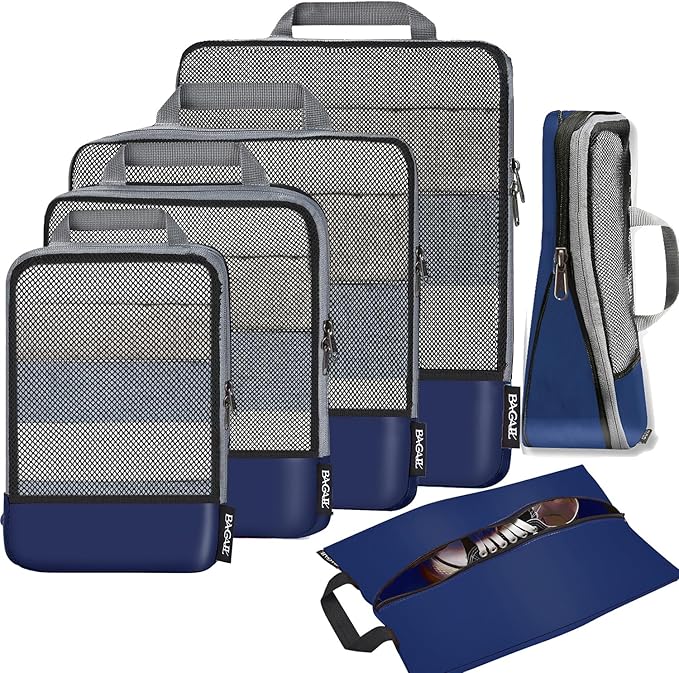 BAGAIL 4 Set/6 Set/8 Set Compression Packing Cubes Travel Accessories Expandable Packing Organizers (Half Mesh, 6-Navy)